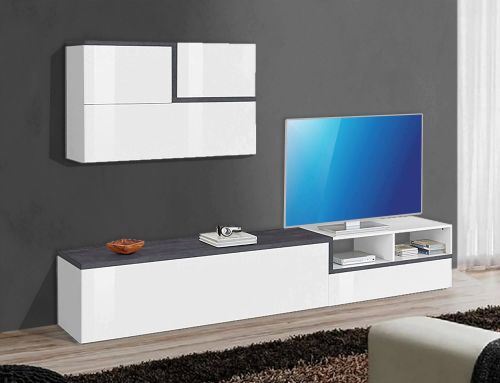 Parete attrezzata in legno 240cm bianca lucida e ardesia - Granato