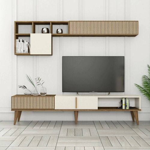 Parete attrezzata Kepler, Composizione soggiorno, Mobile salotto multiuso, Armadio porta TV, 180x35 h40 cm, Noce e Crema