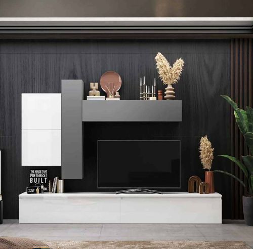 Parete attrezzata Lavagnina, Composizione soggiorno, Mobile salotto multiuso, Armadio porta TV, Made in Italy, 276x40 h190 cm, Bianco lucido e Ardesia
