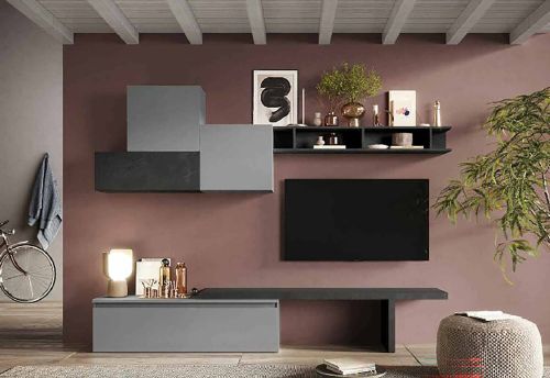Parete attrezzata Lentini, Composizione soggiorno, Mobile salotto multiuso, Armadio porta TV, Made in Italy, 262x40 h189 cm, Ardesia e Grigio scuro