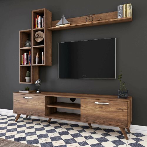Parete attrezzata Lokis, Composizione soggiorno, Mobile salotto multiuso, Armadio porta TV, 180x35 h49 cm, Noce