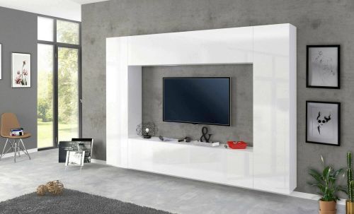Parete attrezzata Luigi, Set salotto porta TV a 4 ante, Mobile soggiorno multiuso, 100% Made in Italy, cm 260x30h180, Bianco lucido