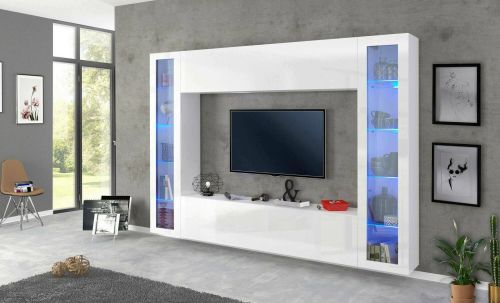 Parete attrezzata Luigi, Set salotto porta TV a 4 ante, Mobile soggiorno multiuso, 100% Made in Italy, cm 260x30h180, Bianco lucido, con luce LED blu e due vetrine