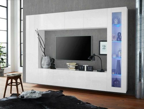 Parete attrezzata Luigi, Set salotto porta TV a 4 ante, Mobile soggiorno multiuso, 100% Made in Italy, cm 260x30h180, Bianco lucido, con luce LED blu ed una vetrina