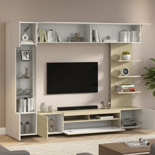 Parete Attrezzata Marrone Acero Beige Cashmere 8 Ripiani 5 Ante 245x40x191.2h cm, Apertura Battente - Galatina