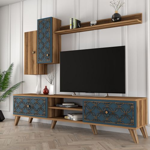 Parete Attrezzata Marrone Noce blu Modulabile 8 Ripiani, 4 Ante - Vanzago