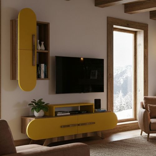 Parete Attrezzata Marrone Noce Giallo 6 Ripiani Modulabile, Apertura Battente, a Ribalta - Ossimo