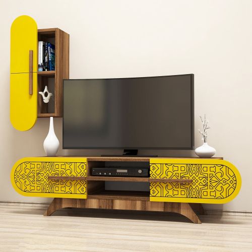 Parete Attrezzata Marrone Noce Giallo Modulabile 7 Ripiani, 4 Ante - Busca