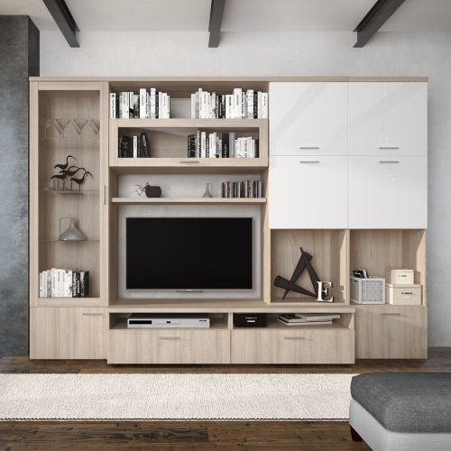 Parete Attrezzata Marrone Olmo Bianco Lucido 5 Ripiani Modulabile, 24 Vani - Faggian