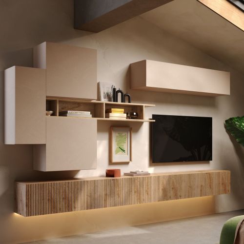 Parete Attrezzata Marrone Pero Bianco Crema Modulabile un Ripiano, set Componibile Made in Italy - Calascio
