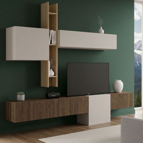 Parete Attrezzata Marrone Pero Bianco Crema Modulabile un Ripiano, set Componibile Made in Italy - Narcao