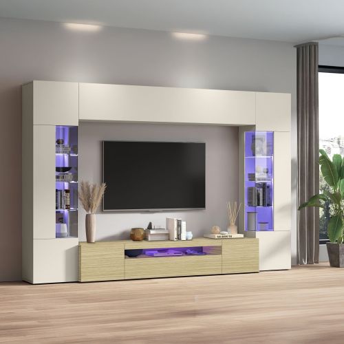Parete Attrezzata Marrone Rovere Beige Cashmere 14 Ripiani 6 Ante 290x40x190h cm, Apertura Battente - Solopaca