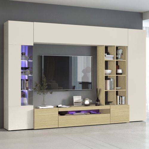 Parete Attrezzata Marrone Rovere Beige Cashmere 14 Ripiani 6 Ante 290x40x191.2h cm, Apertura Battente - Sabbia