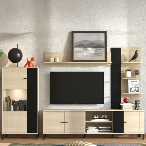 Parete Attrezzata Marrone Rovere Nero Modulabile 8 Ripiani 263x40x167h cm, 7 Vani - Caropepe