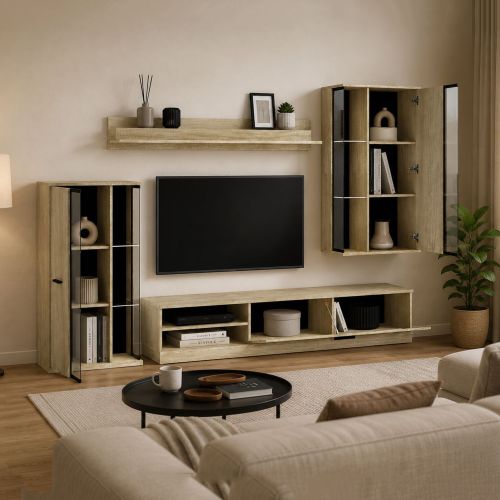 Parete Attrezzata Marrone Rovere Nero Modulabile 9 Ripiani, 16 Vani - Limose
