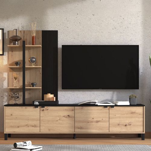 Parete Attrezzata Marrone Rovere Nodi Nero 4 Ripiani 4 Vani 208x40x167h cm, 4 Ante - Staletti