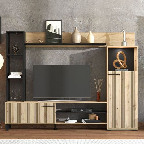 Parete Attrezzata Marrone Rovere Nodi Nero 8 Ripiani 9 Vani 207.5x33x157.5h cm, 2 Ante - Rovato