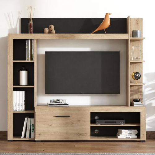 Parete Attrezzata Marrone Rovere Nodi Nero 9 Ripiani 7 Vani 172.5x33x157.5h cm, Un'anta - Bubbiano