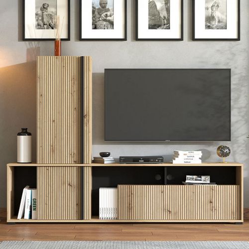 Parete Attrezzata Marrone Rovere Nodi Nero Modulabile 7 Ripiani 195.5x33x139.5h cm, 3 Ante - Montiano