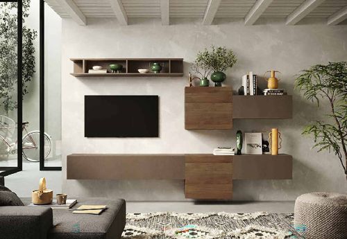Parete attrezzata Maulazzo, Composizione soggiorno, Mobile salotto multiuso, Armadio porta TV, Made in Italy, 262x30 h185 cm, Bronzo e Noce