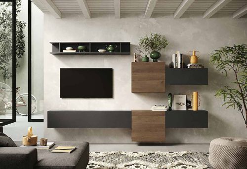 Parete attrezzata Maulazzo, Composizione soggiorno, Mobile salotto multiuso, Armadio porta TV, Made in Italy, 262x30 h185 cm, Noce e Antracite