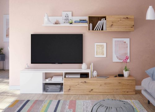 Parete attrezzata Miami, Mobile da soggiorno porta TV reversibile, Composizione per salotto con pensile e mensola, 220x40h44 cm, Rovere effetto nodi e Bianco