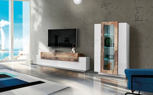Parete attrezzata Mirko, Set salotto porta TV, Mobile soggiorno multiuso, 100% Made in Italy, cm 280x45h121, Bianco lucido e Acero