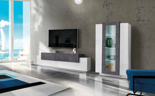 Parete attrezzata Mirko, Set salotto porta TV, Mobile soggiorno multiuso, 100% Made in Italy, cm 280x45h121, Bianco lucido e Ardesia