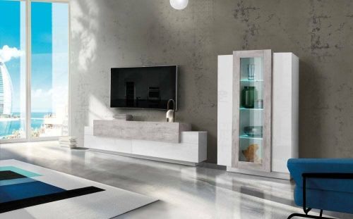 Parete attrezzata Mirko, Set salotto porta TV, Mobile soggiorno multiuso, 100% Made in Italy, cm 280x45h121, Bianco lucido e Cemento