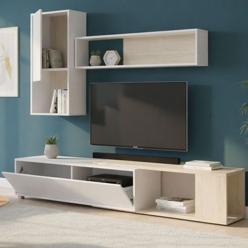 Parete attrezzata modulabile 230cm bianca lucida e rovere - Fortuna