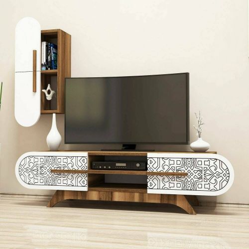 Parete attrezzata Nemb, Set da soggiorno modulabile, Mobile salotto multiuso, Armadio porta TV moderno, 145x35h37 cm, Noce e Bianco