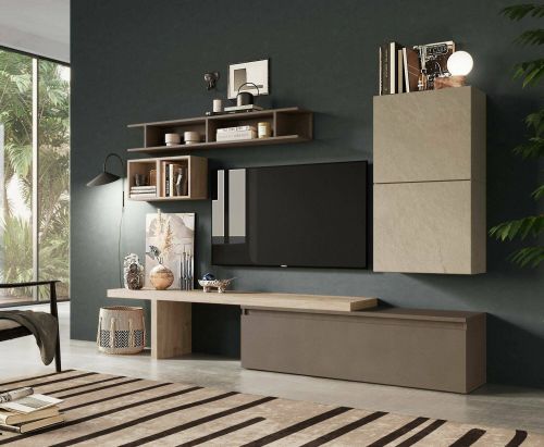 Parete attrezzata Nemi, Composizione soggiorno, Mobile salotto multiuso, Armadio porta TV, Made in Italy, 260x40 h190 cm, Noce e Grigio