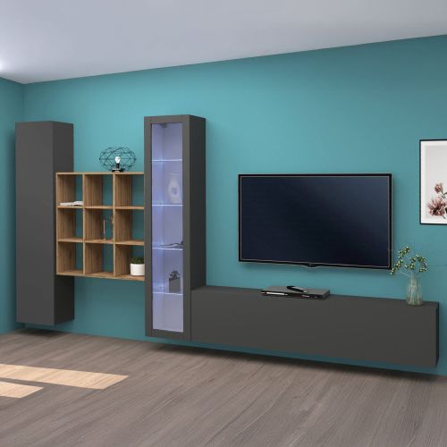 Parete Attrezzata Nero Antracite 14 Ripiani Modulabile 310x30x180h cm, 19 Vani - Intelvi