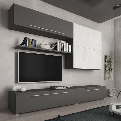 Parete Attrezzata Nero Antracite Bianco Marmo Modulabile 4 Ripiani, 10 Vani - Saluzzo