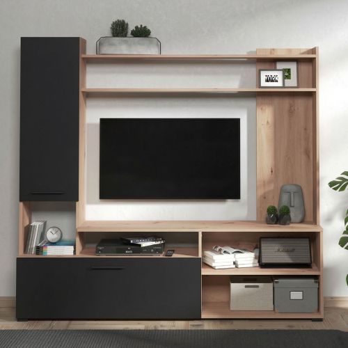 Parete Attrezzata Nero Marrone Rovere Nodi 8 Ripiani 2 Ante 168.5x35x157h cm, 10 Vani - Chieve