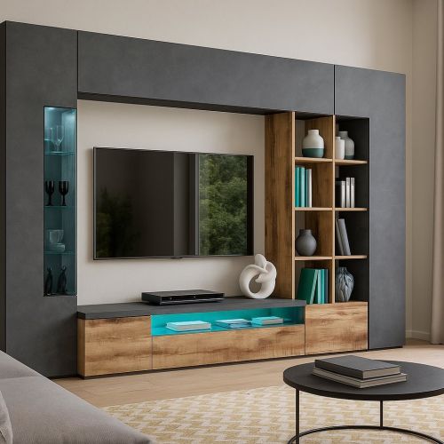 Parete attrezzata Ocean, Set salotto porta TV, Mobile soggiorno multiuso con luce LED, 100% Made in Italy, cm 290x40h192, Ardesia e Acero