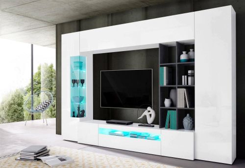 Parete attrezzata Ocean, Set salotto porta TV, Mobile soggiorno multiuso con luce LED, 100% Made in Italy, cm 290x40h192, Bianco lucido e Ardesia