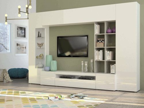 Parete attrezzata Ocean, Set salotto porta TV, Mobile soggiorno multiuso con luce LED, 100% Made in Italy, cm 290x40h192, Bianco lucido e Cemento