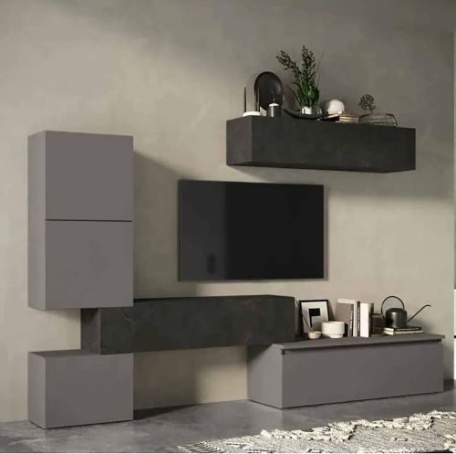 Parete attrezzata Ogliastro, Composizione soggiorno, Mobile salotto multiuso, Armadio porta TV, Made in Italy, 290x40 h190 cm, Ardesia e Grigio scuro