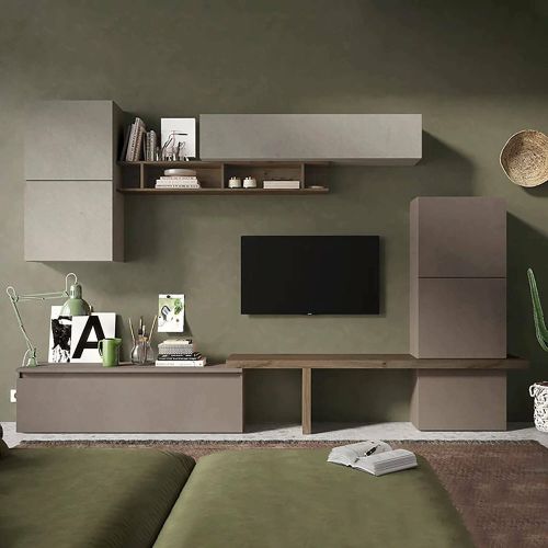 Parete attrezzata Pozzillo, Composizione soggiorno, Mobile salotto multiuso, Armadio porta TV, Made in Italy, 290x40 h195 cm, Bronzo e Grigio