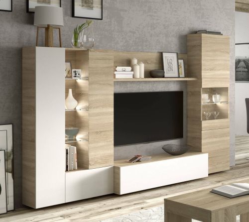 Parete attrezzata Raleigh, Mobile da soggiorno porta TV modulare, Composizione salotto con pensili e vetrine e luce led, 260x42h185 cm, Rovere e Bianco