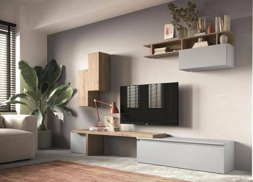 Parete attrezzata Rascino, Composizione soggiorno, Mobile salotto multiuso, Armadio porta TV, Made in Italy, 290x40 h210 cm, Rovere e Grigio chiaro