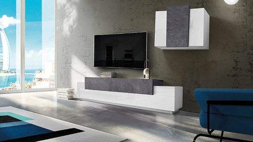 Parete attrezzata Ruben, Set salotto porta TV, Mobile soggiorno multiuso, 100% Made in Italy, cm 240x45h180, Bianco lucido e Ardesia