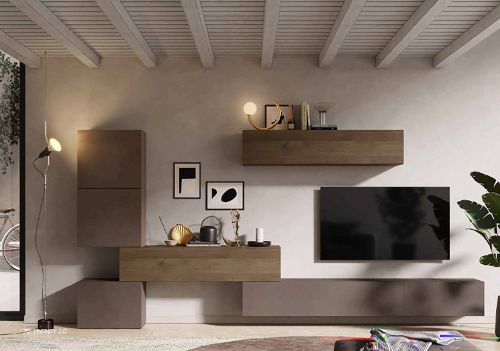 Parete attrezzata Sabetta, Composizione soggiorno, Mobile salotto multiuso, Armadio porta TV, Made in Italy, 340x30 h169 cm, Bronzo e Noce