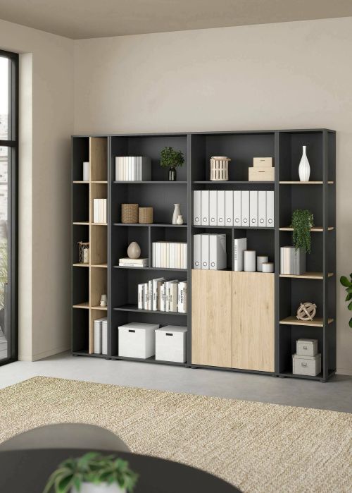 Parete attrezzata Sabine, Composizione soggiorno, Mobile salotto multiuso, Armadio porta TV, 34x241 h205 cm, Rovere e Grigio