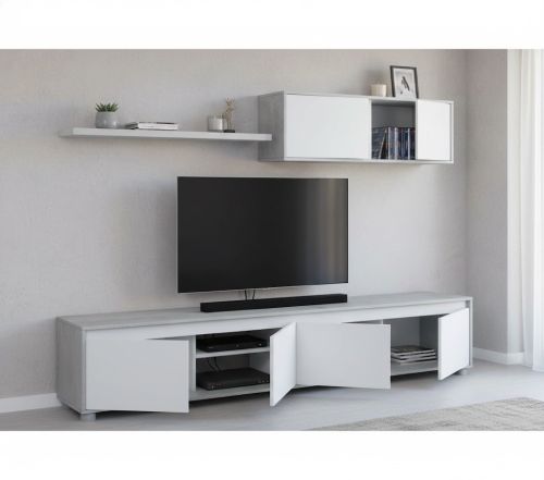 Parete attrezzata Savannah, Mobile da soggiorno porta TV, Composizione set salotto, Set salotto con pensile, 200x41h43 cm, Bianco e Cemento