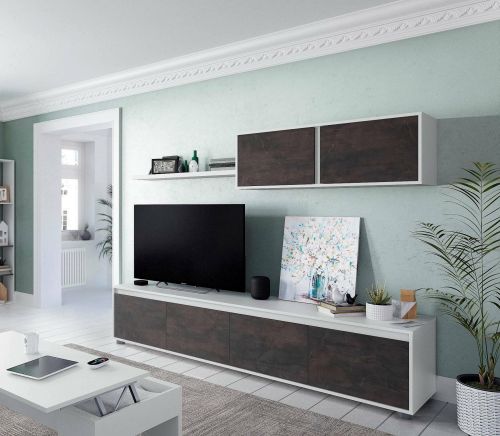 Parete attrezzata Savannah, Mobile da soggiorno porta TV, Composizione set salotto, Set salotto con pensile, 200x41h43 cm, Bianco e Ossido