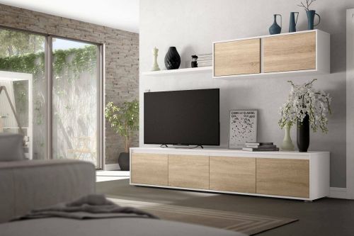 Parete attrezzata Savannah, Mobile da soggiorno porta TV, Composizione set salotto, Set salotto con pensile, 200x41h43 cm, Bianco e Rovere