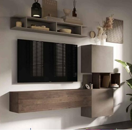 Parete attrezzata Scandarello, Composizione soggiorno, Mobile salotto multiuso, Armadio porta TV, Made in Italy, 215x30 h190 cm, Noce e Grigio