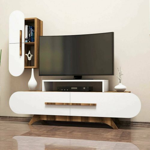 Parete attrezzata Segin, Set da soggiorno modulabile, Mobile salotto multiuso, Armadio porta TV moderno, 145x37h50 cm, Noce e Bianco